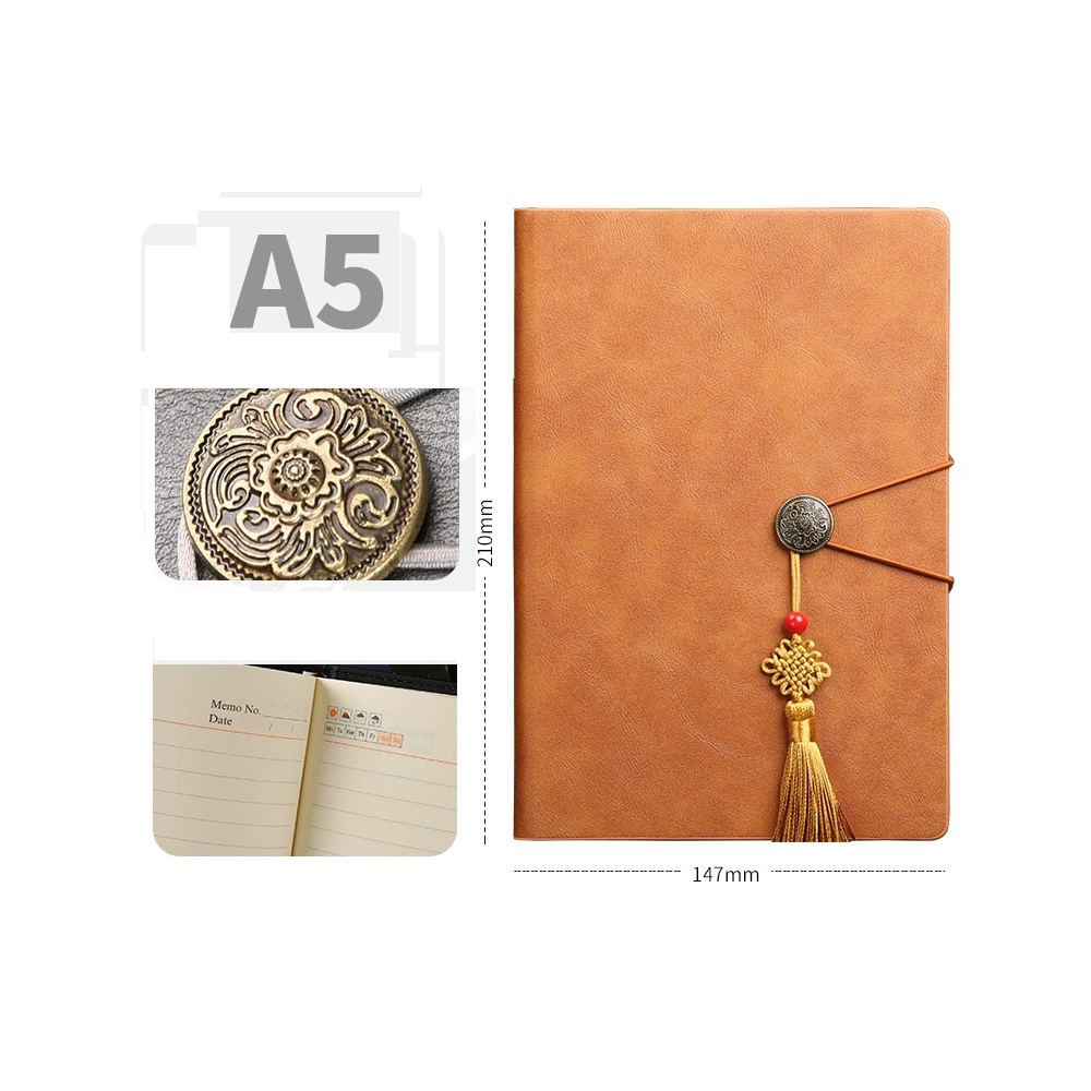 Agendă A5 dictando, copertă maro din piele ecologică, cu șnur decorativ și ciucure, design vintage elegant.